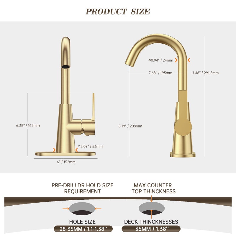 Phiestina Brushed Gold Single-Handle 4 Inch Bathroom Sink Faucet with Deck Plate and Supply Hoses, Bar Sink Faucet/Pre-Kitchen Sink Faucet with 360 Degree Rotation Spout, WE10-BG - Image 5